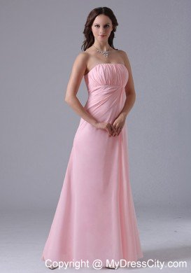 Simple Strapless Ruched Chiffon Baby Pink Prom Dresses for Girls