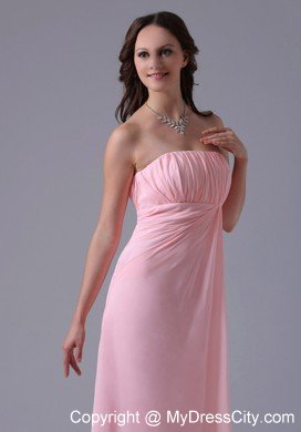 Simple Strapless Ruched Chiffon Baby Pink Prom Dresses for Girls