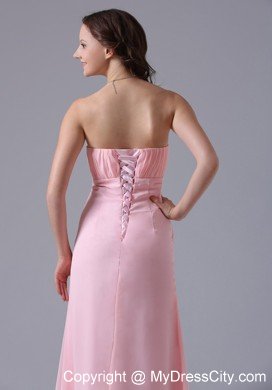 Simple Strapless Ruched Chiffon Baby Pink Prom Dresses for Girls