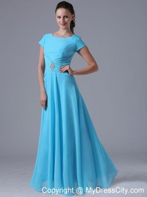 Scoop Beaded Ruching Aqua Blue Prom Gowns With Short Sleeves