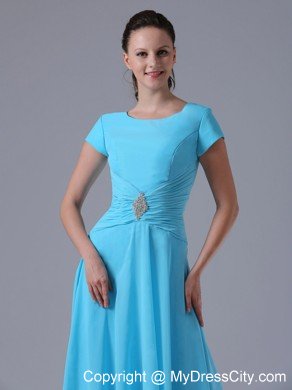 Scoop Beaded Ruching Aqua Blue Prom Gowns With Short Sleeves