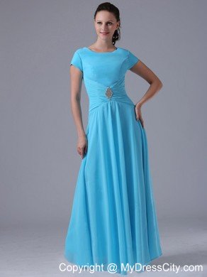 Scoop Beaded Ruching Aqua Blue Prom Gowns With Short Sleeves
