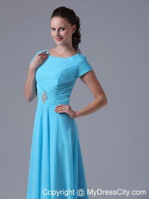 Scoop Beaded Ruching Aqua Blue Prom Gowns With Short Sleeves