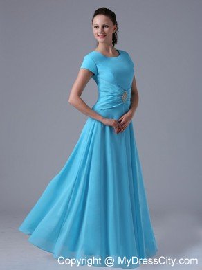 Scoop Beaded Ruching Aqua Blue Prom Gowns With Short Sleeves