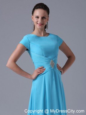 Scoop Beaded Ruching Aqua Blue Prom Gowns With Short Sleeves