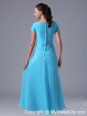 Scoop Beaded Ruching Aqua Blue Prom Gowns With Short Sleeves