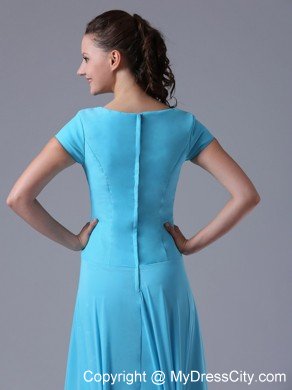 Scoop Beaded Ruching Aqua Blue Prom Gowns With Short Sleeves