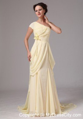 Flower One Shoulder Ruched Chiffon Light Yellow Prom Dresses
