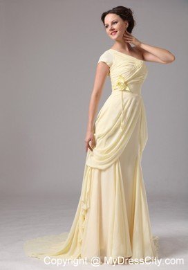 Flower One Shoulder Ruched Chiffon Light Yellow Prom Dresses