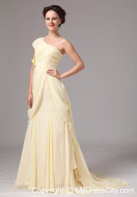 Flower One Shoulder Ruched Chiffon Light Yellow Prom Dresses
