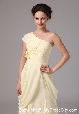 Flower One Shoulder Ruched Chiffon Light Yellow Prom Dresses