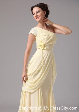 Flower One Shoulder Ruched Chiffon Light Yellow Prom Dresses