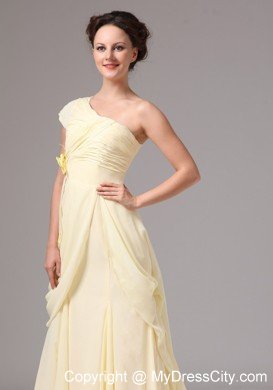 Flower One Shoulder Ruched Chiffon Light Yellow Prom Dresses
