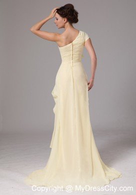 Flower One Shoulder Ruched Chiffon Light Yellow Prom Dresses