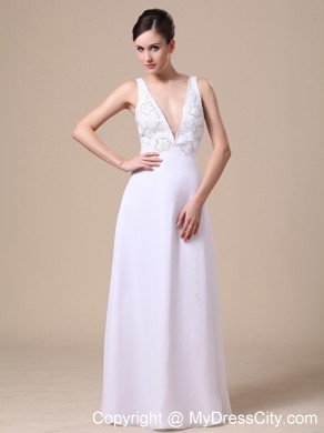 Empire V-neck Beaded Chiffon White Prom Dresses for Ladies