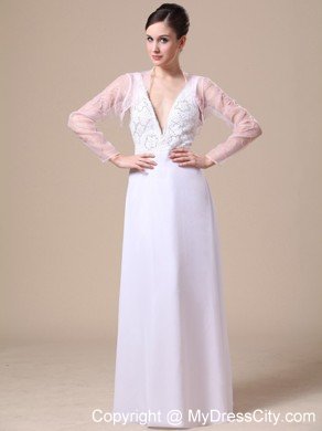 Empire V-neck Beaded Chiffon White Prom Dresses for Ladies