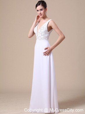 Empire V-neck Beaded Chiffon White Prom Dresses for Ladies