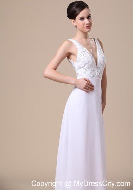 Empire V-neck Beaded Chiffon White Prom Dresses for Ladies