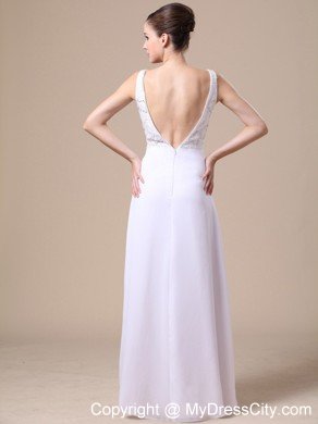 Empire V-neck Beaded Chiffon White Prom Dresses for Ladies