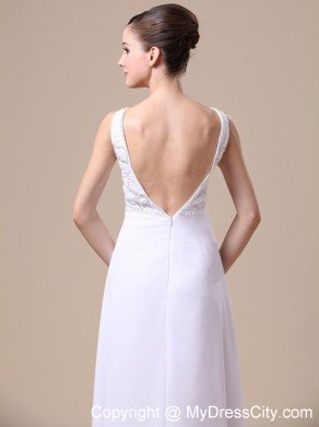 Empire V-neck Beaded Chiffon White Prom Dresses for Ladies