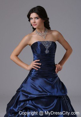 Beaded Strapless Ruching Navy Blue Prom Gowns with Pick Ups