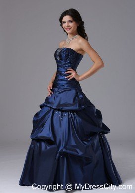 Beaded Strapless Ruching Navy Blue Prom Gowns with Pick Ups