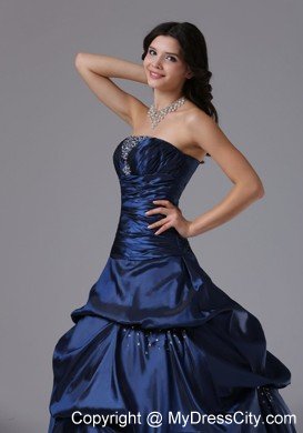 Beaded Strapless Ruching Navy Blue Prom Gowns with Pick Ups