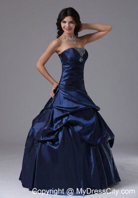 Beaded Strapless Ruching Navy Blue Prom Gowns with Pick Ups