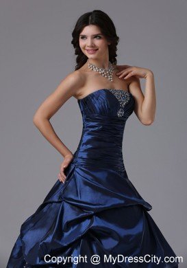 Beaded Strapless Ruching Navy Blue Prom Gowns with Pick Ups
