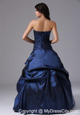 Beaded Strapless Ruching Navy Blue Prom Gowns with Pick Ups