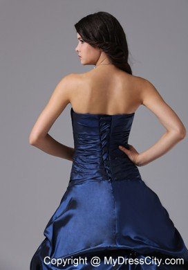 Beaded Strapless Ruching Navy Blue Prom Gowns with Pick Ups