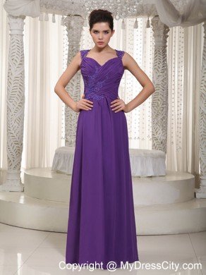 Straps Ruching Appliques with Beading Chiffon Prom Dresses