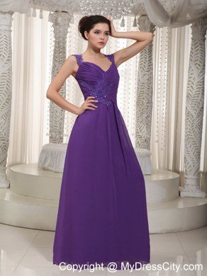 Straps Ruching Appliques with Beading Chiffon Prom Dresses