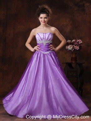 Beaded Appliques Strapless Lavender Tulle Prom Gowns