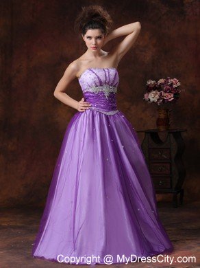 Beaded Appliques Strapless Lavender Tulle Prom Gowns