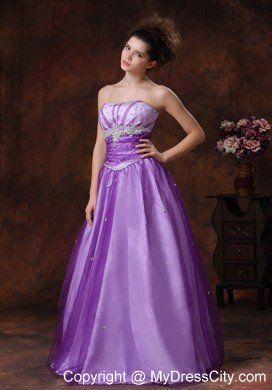 Beaded Appliques Strapless Lavender Tulle Prom Gowns