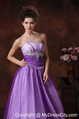 Beaded Appliques Strapless Lavender Tulle Prom Gowns