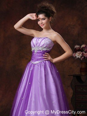 Beaded Appliques Strapless Lavender Tulle Prom Gowns