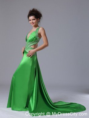 V-neck Watteau Criss Cross Back Prom Dress with Side Cut Out