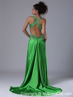 V-neck Watteau Criss Cross Back Prom Dress with Side Cut Out