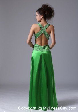 V-neck Watteau Criss Cross Back Prom Dress with Side Cut Out