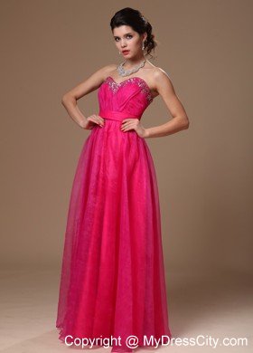 Sweetheart Beaded Organza Hot Pink Prom Gowns for Girls