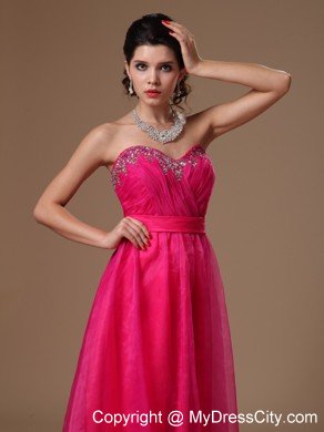 Sweetheart Beaded Organza Hot Pink Prom Gowns for Girls