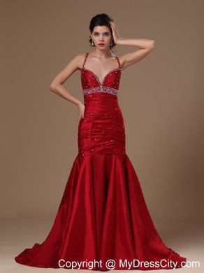 Mermaid Spaghetti Straps Beaded Wine Red Prom Dresses