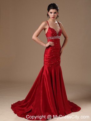 Mermaid Spaghetti Straps Beaded Wine Red Prom Dresses