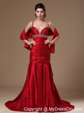 Mermaid Spaghetti Straps Beaded Wine Red Prom Dresses