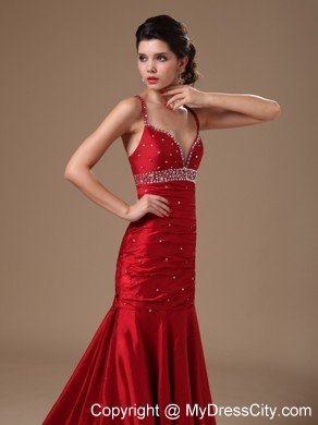 Mermaid Spaghetti Straps Beaded Wine Red Prom Dresses