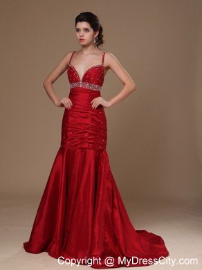 Mermaid Spaghetti Straps Beaded Wine Red Prom Dresses