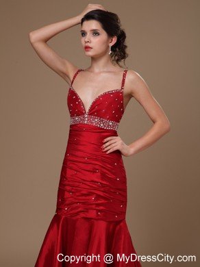 Mermaid Spaghetti Straps Beaded Wine Red Prom Dresses