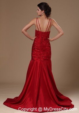 Mermaid Spaghetti Straps Beaded Wine Red Prom Dresses